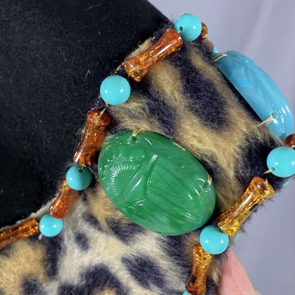 Egyptian Scarab Hat Headdress Fitted Womens Leopard Print Beaded Turquoise Black - Picture 16 of 16